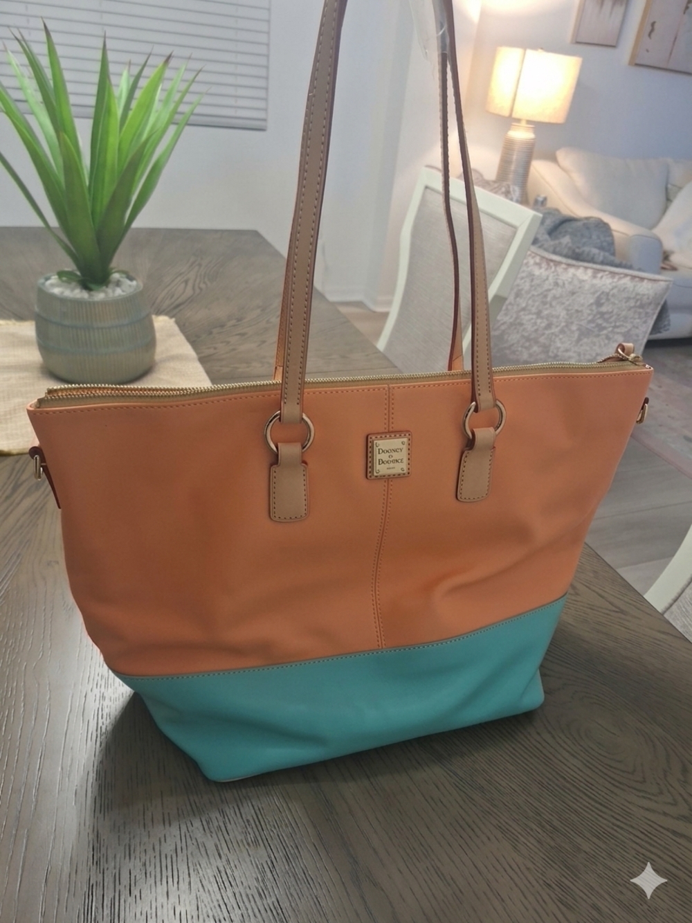 Dooney & Bourke Peach and Teal Two-Tone Leather Tote